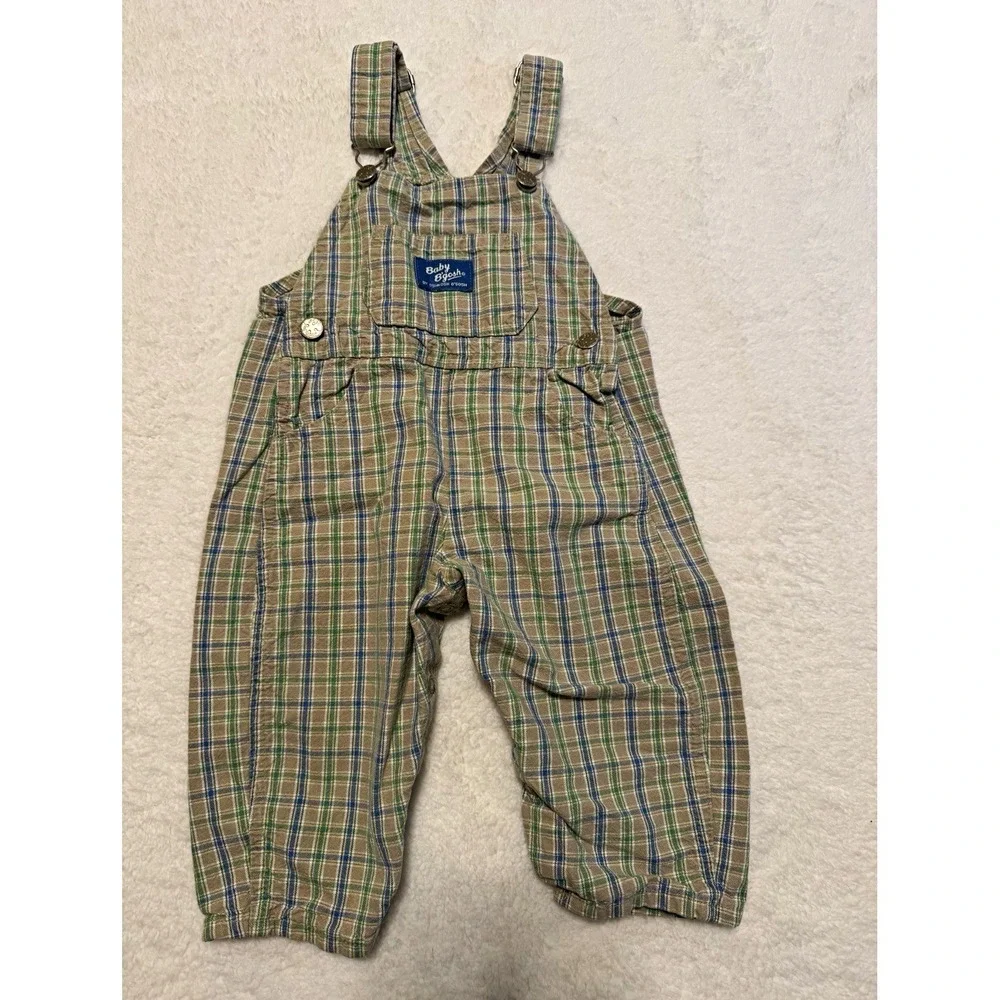 OshKosh B'gosh Plaid Cotton Overalls One-Piece 9-12M Beige/Green/Blue